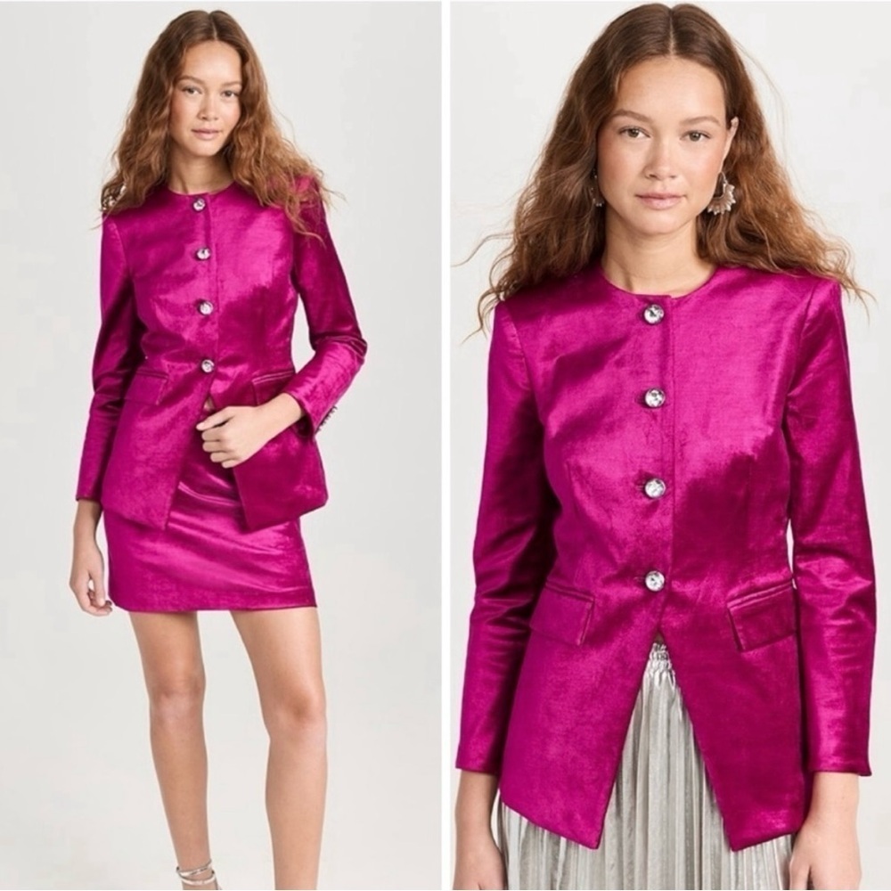 Veronica Beard Cencia Woven Satin Crystal Button Blazer Jacket Pink Size 0